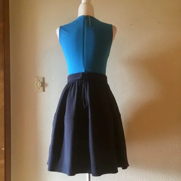 *Carven Turquoise Navy Blue Colorblock Fit and Flare Dress Size 2 Pockets - Picture 2 of 7